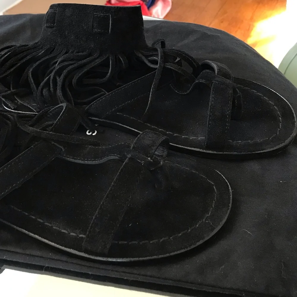 Saint Laurent Black Suede Fringe Ankle Strap Sandals